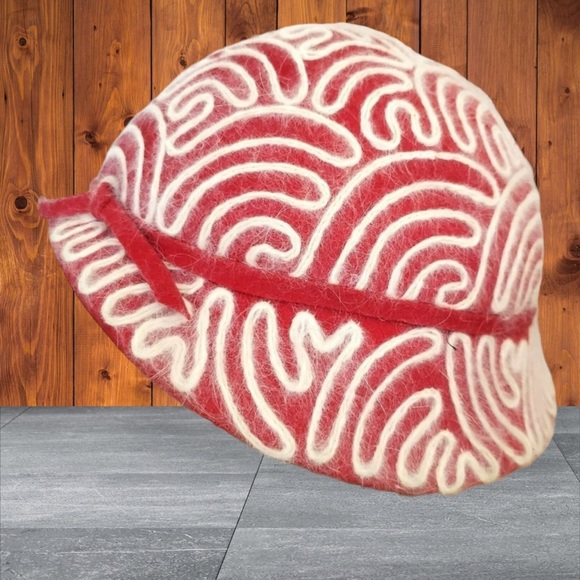 VINTAGE Wool Angora Bucket Hat Gatsby Flapper Costume Grandma Core Red Embroider - Picture 3 of 16